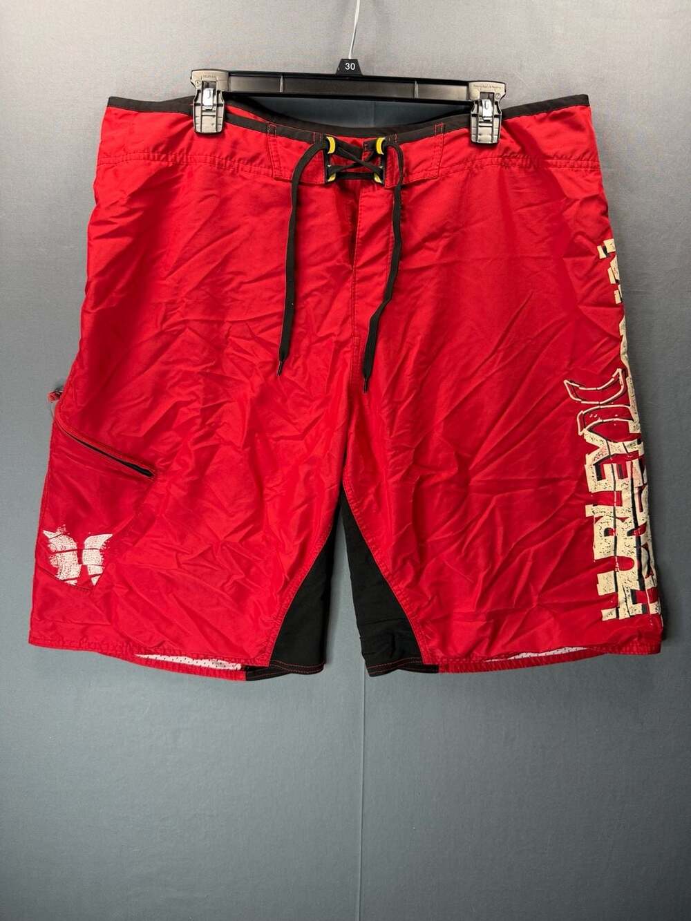 Vintage Y2K Hurley Revolver Board Shorts Size 38 Red Black Graphic Swim Trunks